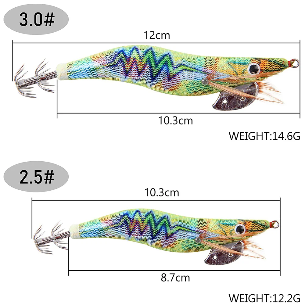 Señuelos luminosos de madera para camarones, anzuelos de plomo, plantilla de calamar, cebo de pesca, ojos 3D, calamar, pulpo, sepia, camarón, 15 unidades - imagen 3