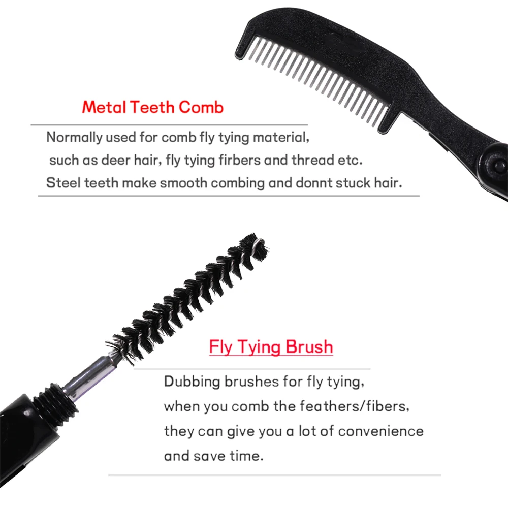 Herramienta de atado de moscas 2 en 1, peine de dientes de acero inoxidable plegable y cepillo Dub de nailon, fibra de plumas, doblada, piernas, cuerpos de alas - imagen 3