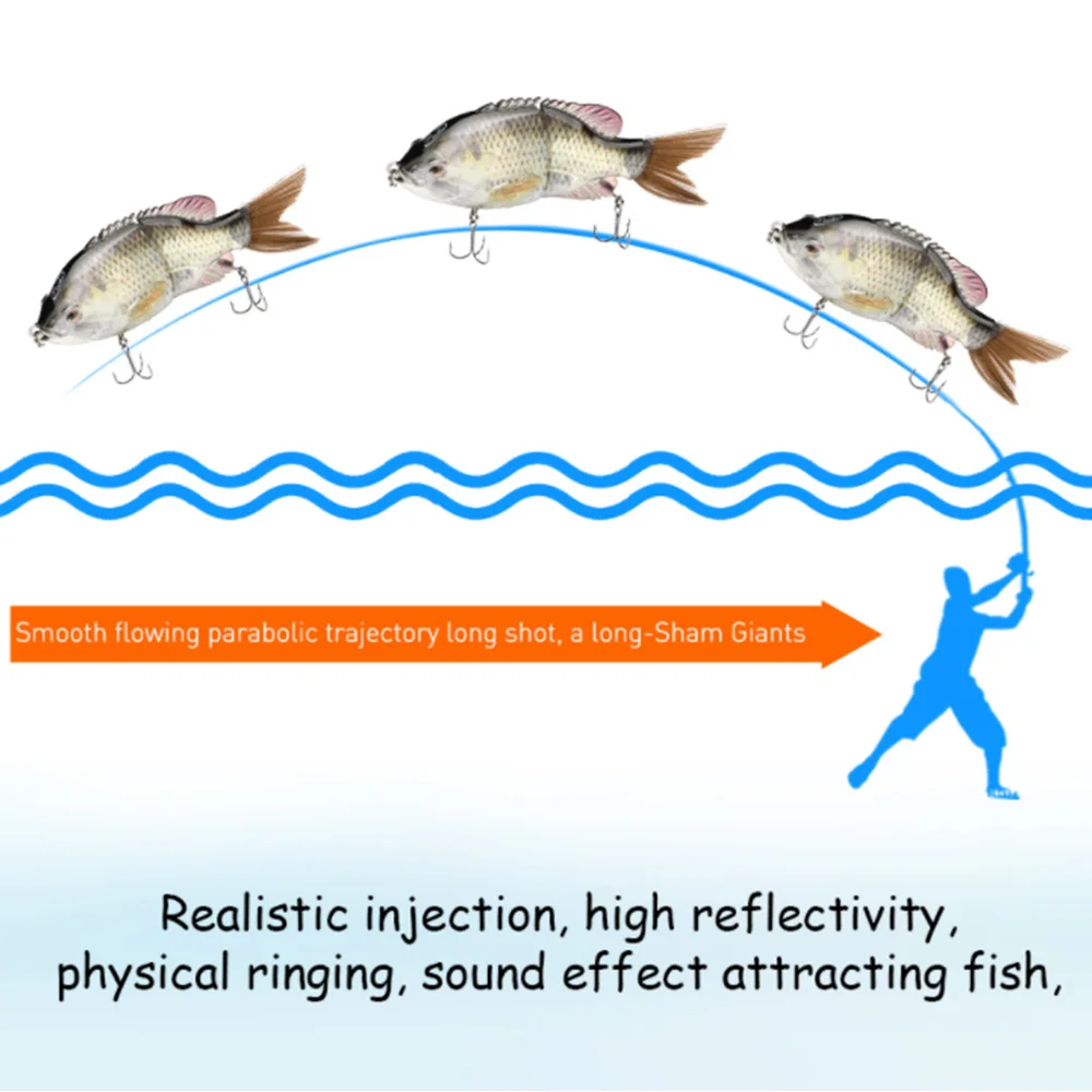 Un hombre está pescando con una caña de pescar y tres peces saltan en el aire