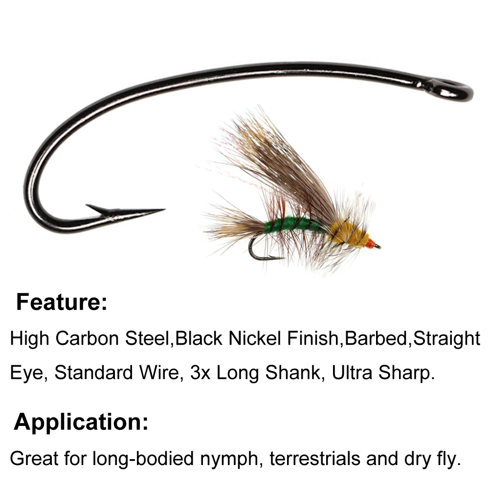 Bimoo-anzuelos de pesca de níquel negro, gancho de pesca terrestre de ninfa y mosca seca, ojo recto, 3X vástago largo, alambre estándar, 9 tamaños, 1000 Uds. - imagen 3