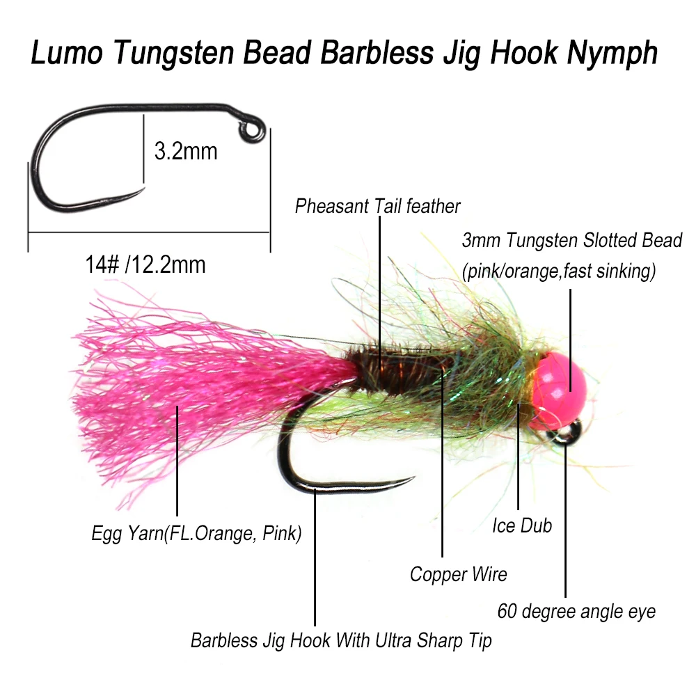 ICERIO 8PCS #14 UV Tungsten Slot Bead Head Barbless Jig Hook Nymph Fast Sinking Fly For Trout Steehead Salmon Fishing Lures - imagen 2