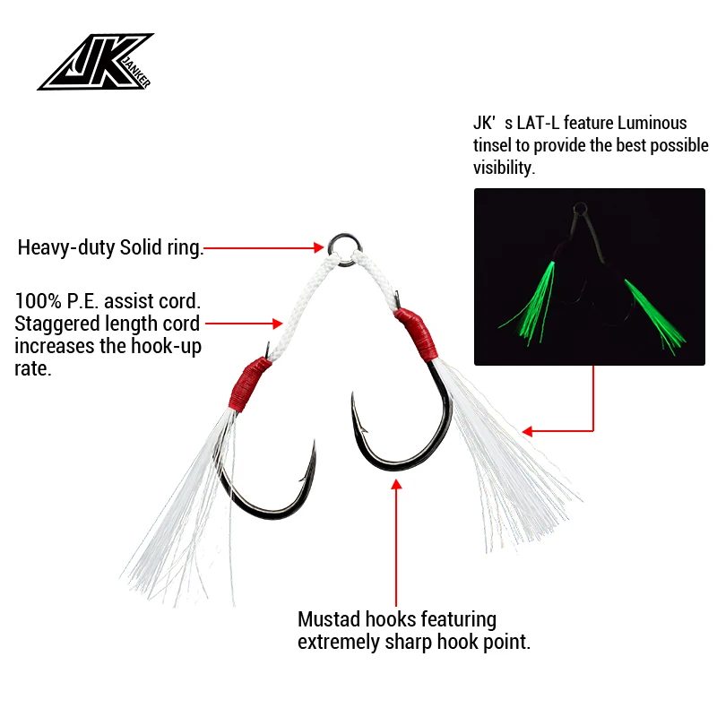 Iseama-Juego de anzuelos luminosos de doble asistencia para pesca, anzuelos de acero de alto carbono, anzuelos de pesca, plantilla de agua salada giratoria ligera japonesa, JK LAT-L - imagen 4
