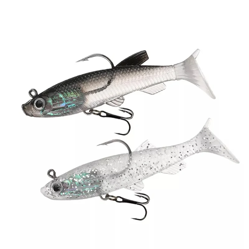 Mosodo-señuelo de cola en T, cebo suave con anzuelos triples de pesca, cabeza de plantilla pesada de silicona, Wobbler, 5 piezas, accesorios de aparejos de Jigging Minnow - imagen 2