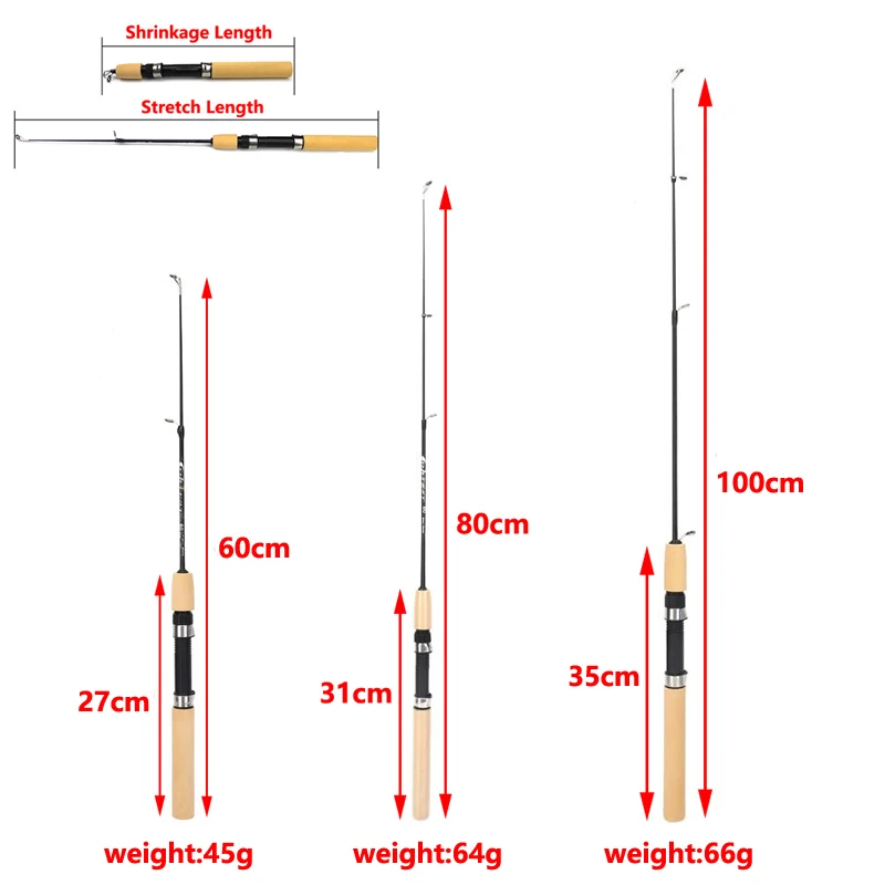 Mini caña telescópica portátil de fibra de carbono para Pesca en hielo, Combo de caña giratoria para Camarón, carretes de Metal, 60, 80 y 100CM, para invierno - imagen 2