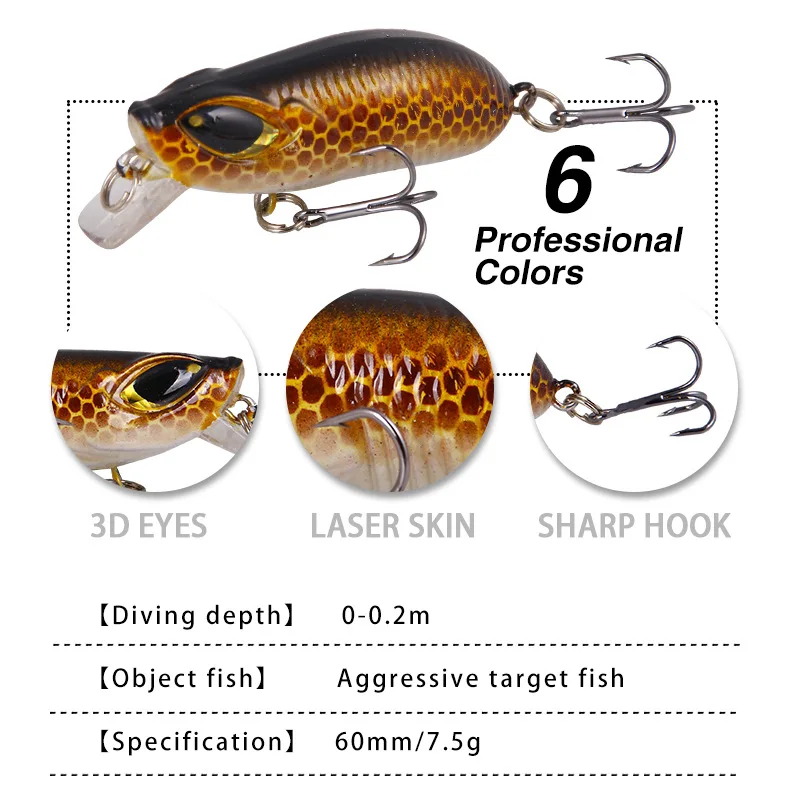 Señuelos de Pesca flotantes de 6cm/7,5g, cebos falsos de pesca en el mar, cebo de boca deformada, equipo de pesca suave, señuelos de plástico, 1 unidad - imagen 3