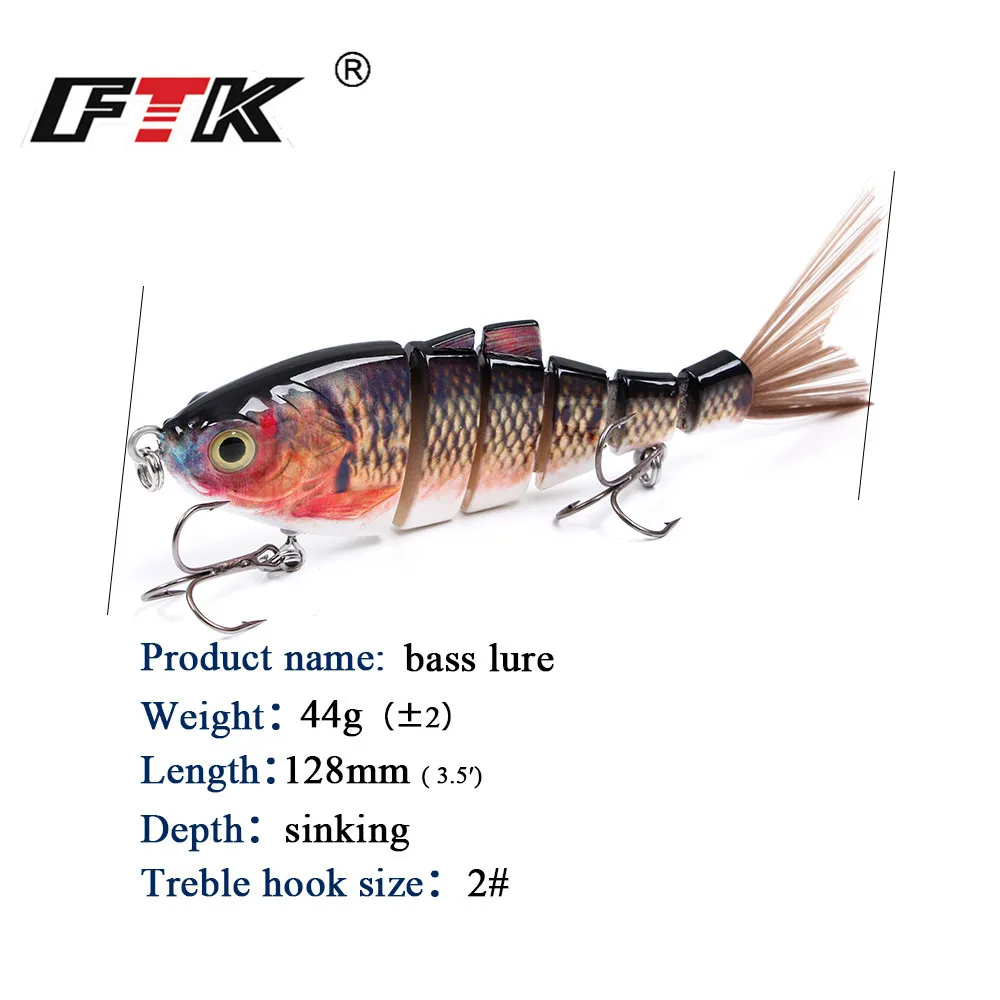 FTK-señuelo de pesca de pececillo multiarticulado, 44g, 12,8 cm, ojos 3D, 6 segmentos, cebo duro que se hunde, con anzuelo triple, Wobblers de lubina - imagen 3