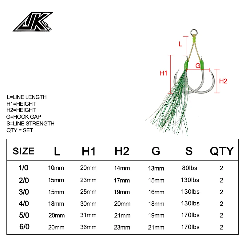 JK-anzuelo de pesca SWS, anzuelos de doble asistencia, 1/0, 2/0, 3/0, 4/0, 5/0, 6/0 - imagen 5