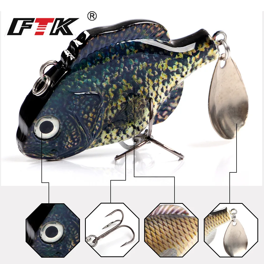 FTK 37g 6,5 cm VIB señuelo de pesca con cuchara Metal ojos 3D vibración cebo Artificial duro Bass Wobblers - imagen 4