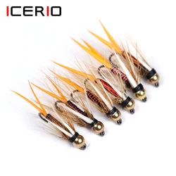 ICERIO, 6 uds., cabeza de cuentas de latón, alambre caliente, príncipe, ninfas, moscas de piedra, trucha, pesca, señuelo con mosca, cebos, anzuelo con púas