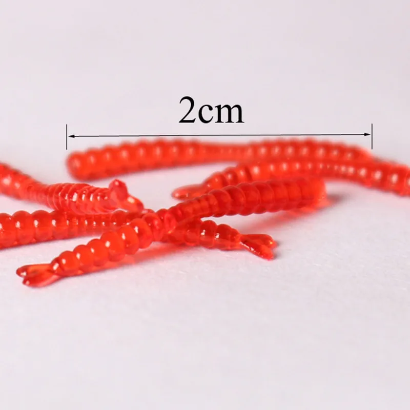 50 unids/lote de cebo suave de gusano rojo realista, olor a Camarón, señuelo de pesca de silicona Artificial, lubina, 2cm, simulación de gusano de tierra, Takcle - imagen 3