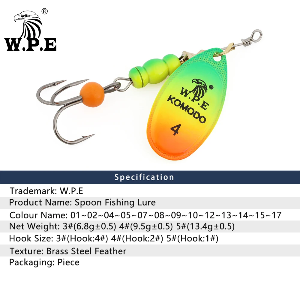 W.P.E-señuelo de Pesca giratorio, cuchara, 3 #/4 #/5 #6,8g/9,5g/13,4g, latón, cobre, Metal, anzuelo triple, señuelo de lubina, aparejos de Pesca, 1 unidad - imagen 5
