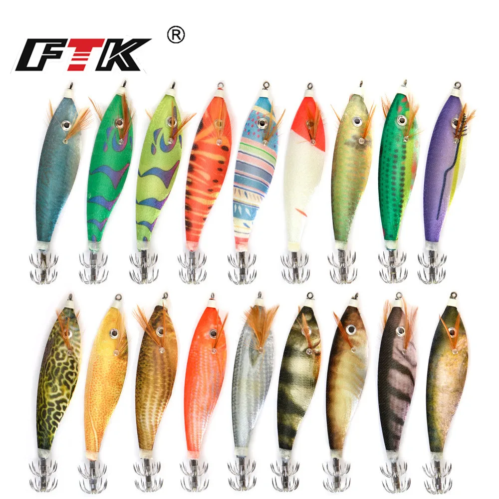 FTK-plantillas de calamar, señuelo de pesca de mar, 9cm, 16g, anzuelo luminoso de calamar, Jigging, pulpo, sepia, madera, camarones, cebos duros, ojos 3D