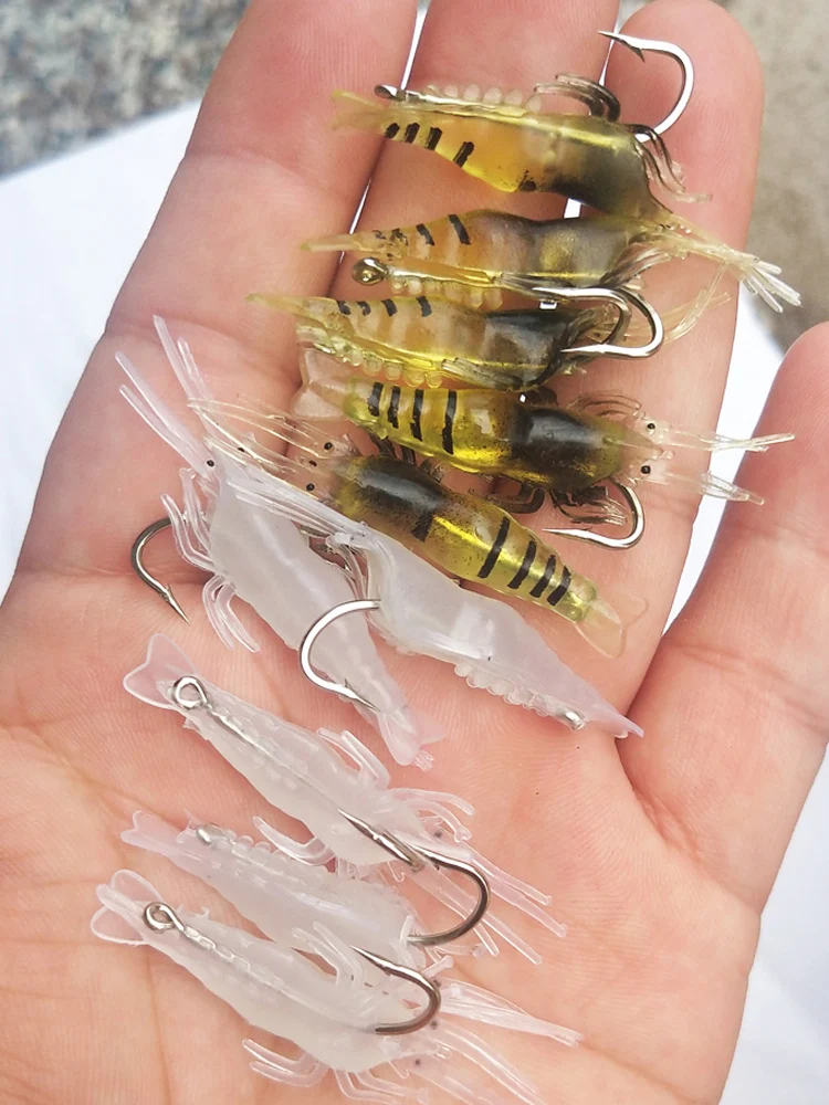 10 Uds Isca Artificial suave camarón señuelo gusano para cebo de Pesca 1,3g/5cm gancho afilado Crankbait señuelos silicona Shone gambas cebo Pesca