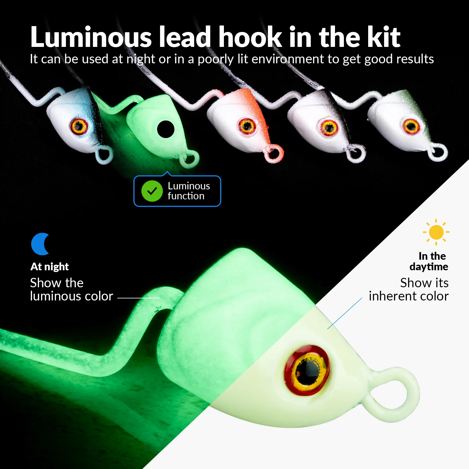 THKFISH-anzuelos con cabeza de anzuelo brillante, 5 uds., 3,7g, 5g, 7g, 10g, 14g, anzuelo con cabeza de pez para señuelos blandos, ojos 3D, anzuelo compensado para pesca de carpa - imagen 2