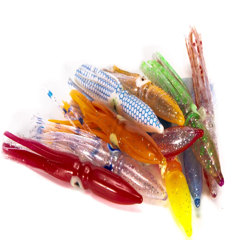 Señuelos de Pesca de faldas de calamar suave, cabeza de Jigs de PVC, sábalo de silicona Artificial, aparejos de Pesca, 8cm, 10 Uds. - imagen 2