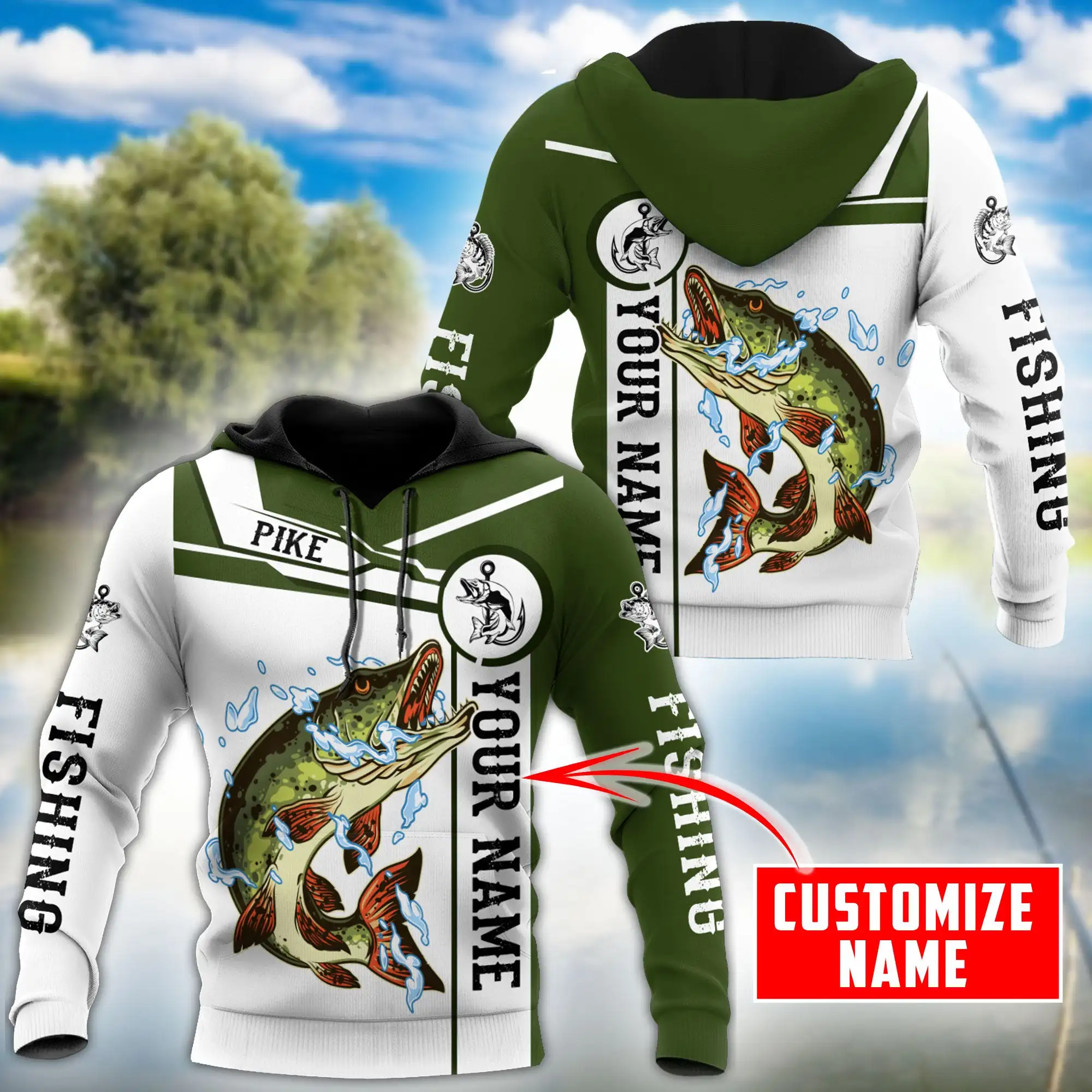 Sudadera con capucha y sudadera para hombre con estampado 3D de Pike Fishing con nombre personalizado, sudaderas con cremallera Unisex de otoño, ropa de calle informal KJ825 - imagen 3
