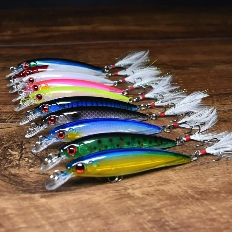 1 Uds. Señuelo de pesca de pececillo biónico con ojos 3D láser 90mm 7g cebo duro Artificial con anzuelo triple de plumas cebo de pesca