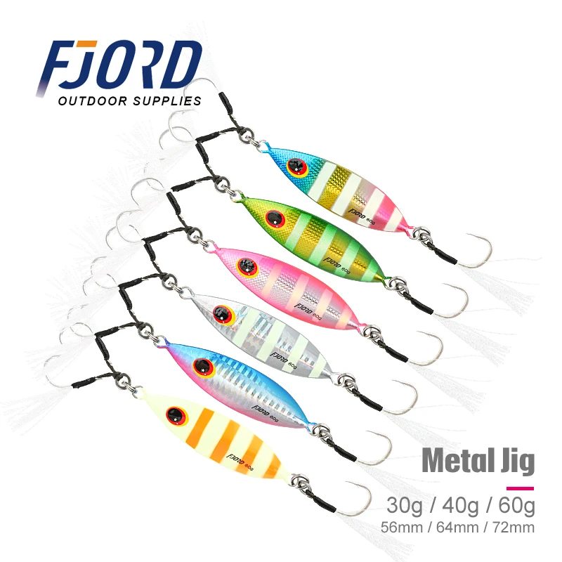 FJORD-señuelo de plantilla de Metal, 30g, 40g, 60g, cuchara de pesca Jigging de orilla, brillo lento, equipo de pesca de mar, pegatinas artificiales Swimbait