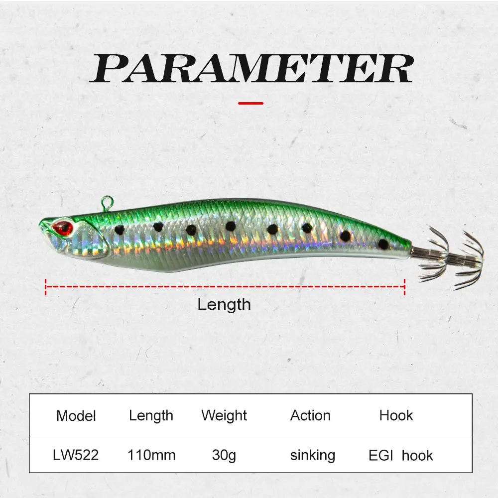 Hunthouse-señuelo duro de pesca jigging, lápiz de calamar D, LW522, 110mm, 30g, suqid, leurre tip-run, gancho EGI para turlutte, 3 uds. - imagen 2