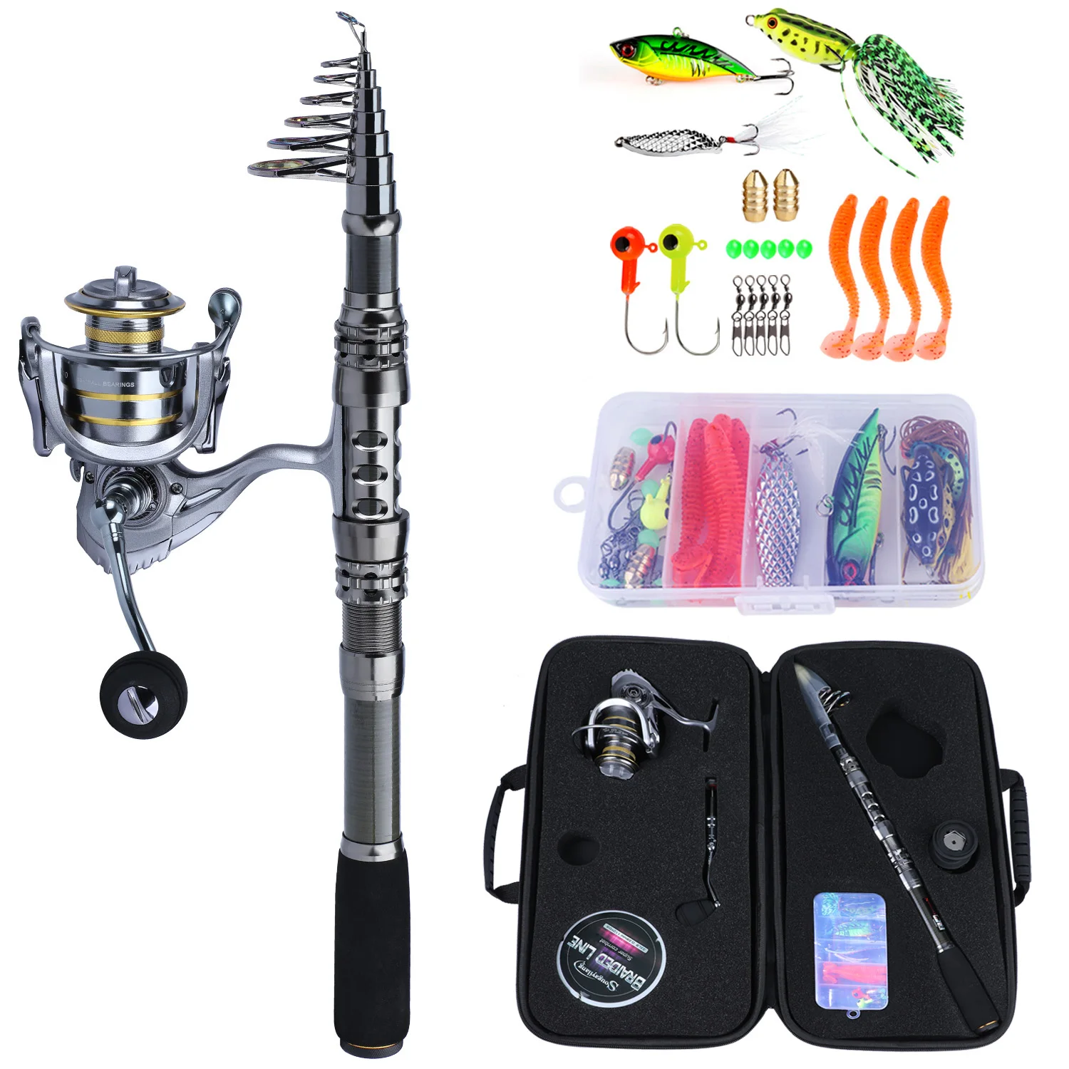 Este kit de pesca incluye un tackle telescópico de caña, señuelos y un estuche de transporte para una experiencia de pesca sin problemas