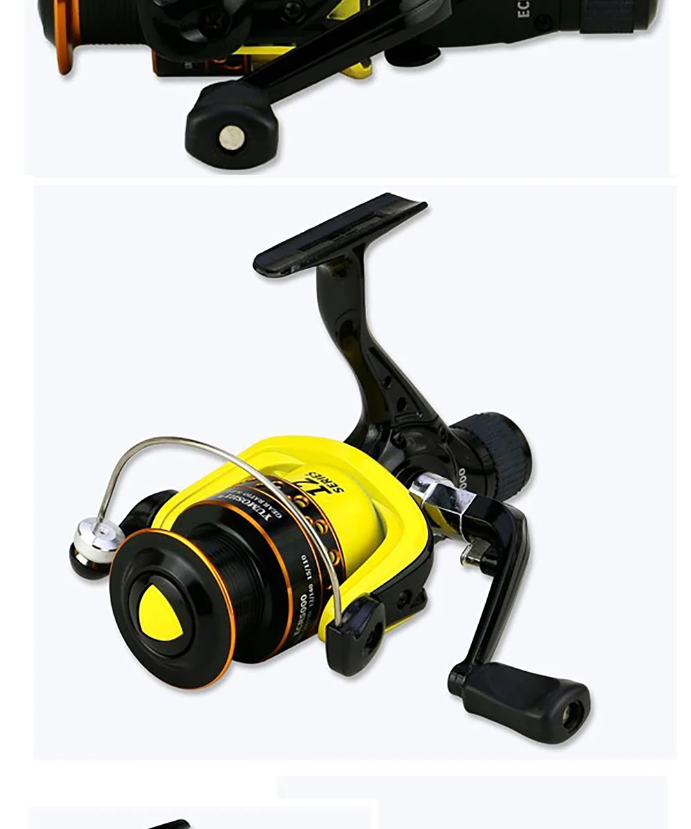 Este carrete de pesca presenta un diseño compacto y un mango ergonómico para un manejo fácil