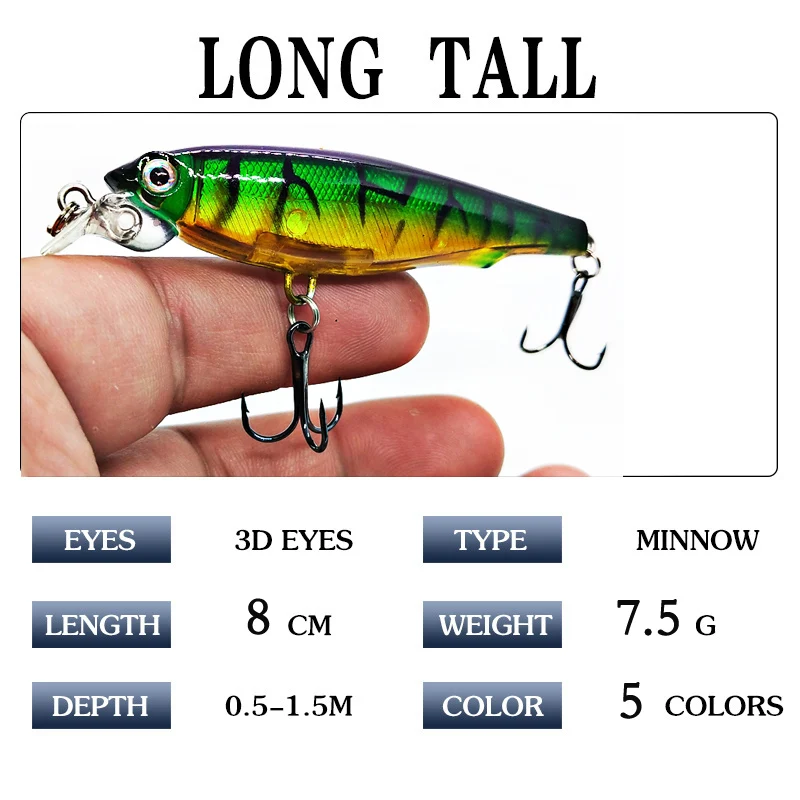 Señuelos de Pesca láser Minnow, 8cm, 7,5g, ojos 3D, Crankbait Wobblers, cebos de plástico duro artificial, aparejos de pesca, 1 ud.