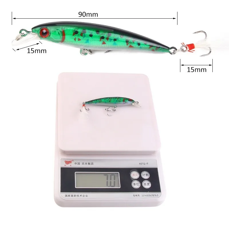 Señuelo de Pesca de pececillo artificial, cebo duro de pluma de 9cm y 7g, Wobblers Crankbait de Japón, 1 piezas