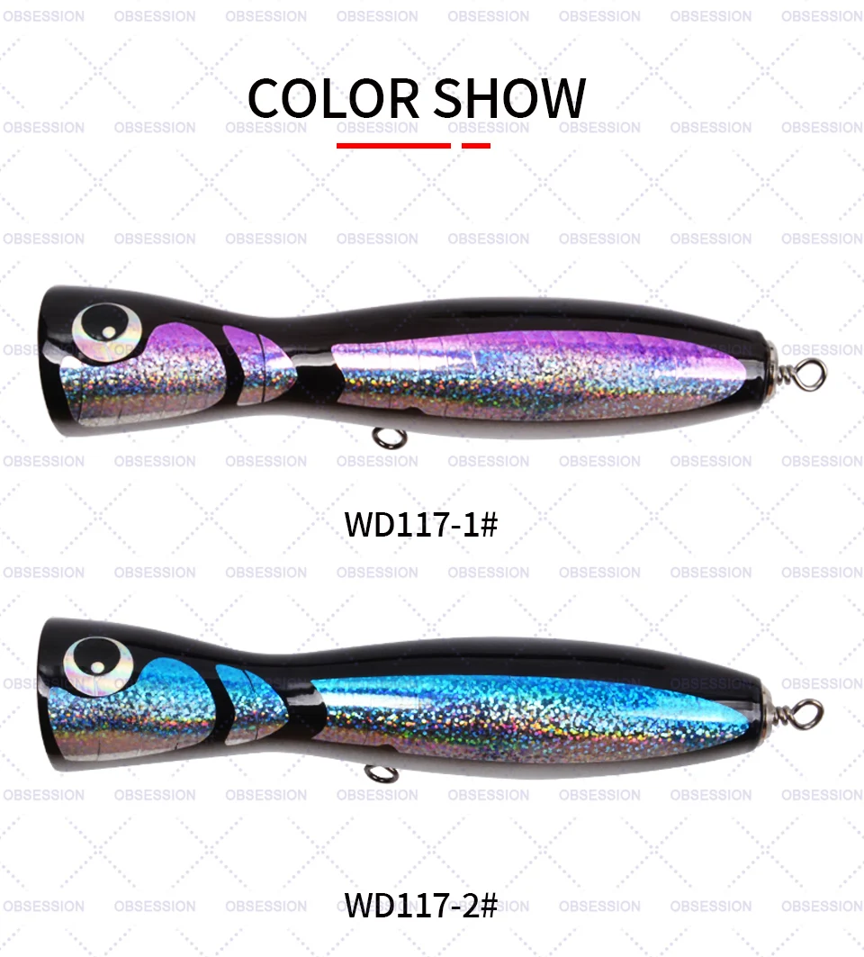Dos señuelos de pesca con efecto de cambio de color. Los señuelos tienen un cuerpo metálico con un patrón que cambia de color, dándoles una apariencia de arcoíris. El señuelo superior tiene un tono más morado, mientras que el inferior tiene un tinte azul.
