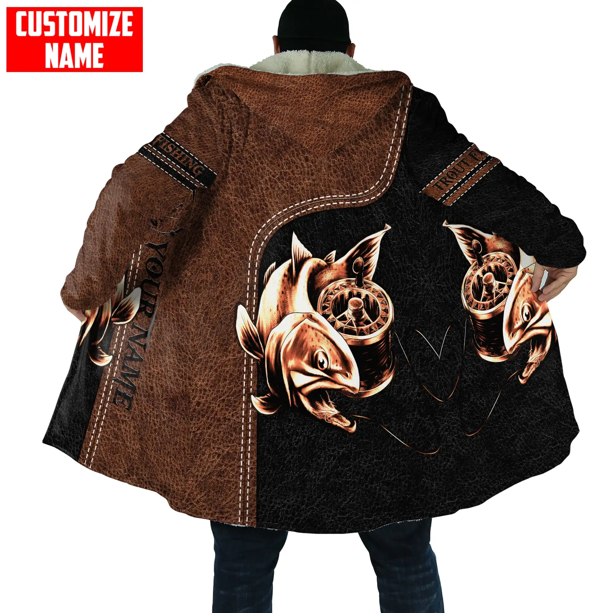 Capa de invierno para hombre con nombre personalizado, piel de pesca de trucha, camuflaje, estampado 3D, Abrigo con capucha de lana gruesa, capa cálida informal Unisex DP18 - imagen 3