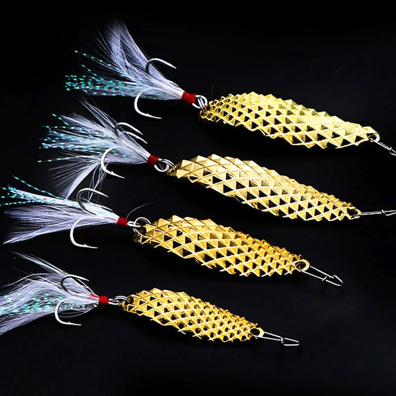 Señuelos de pesca con cuchara giratoria de Metal, cebo Artificial dorado y plateado con anzuelo triple de plumas, trucha, Lucio, lubina, 7g, 10g, 15g, 1 Uds. - imagen 5