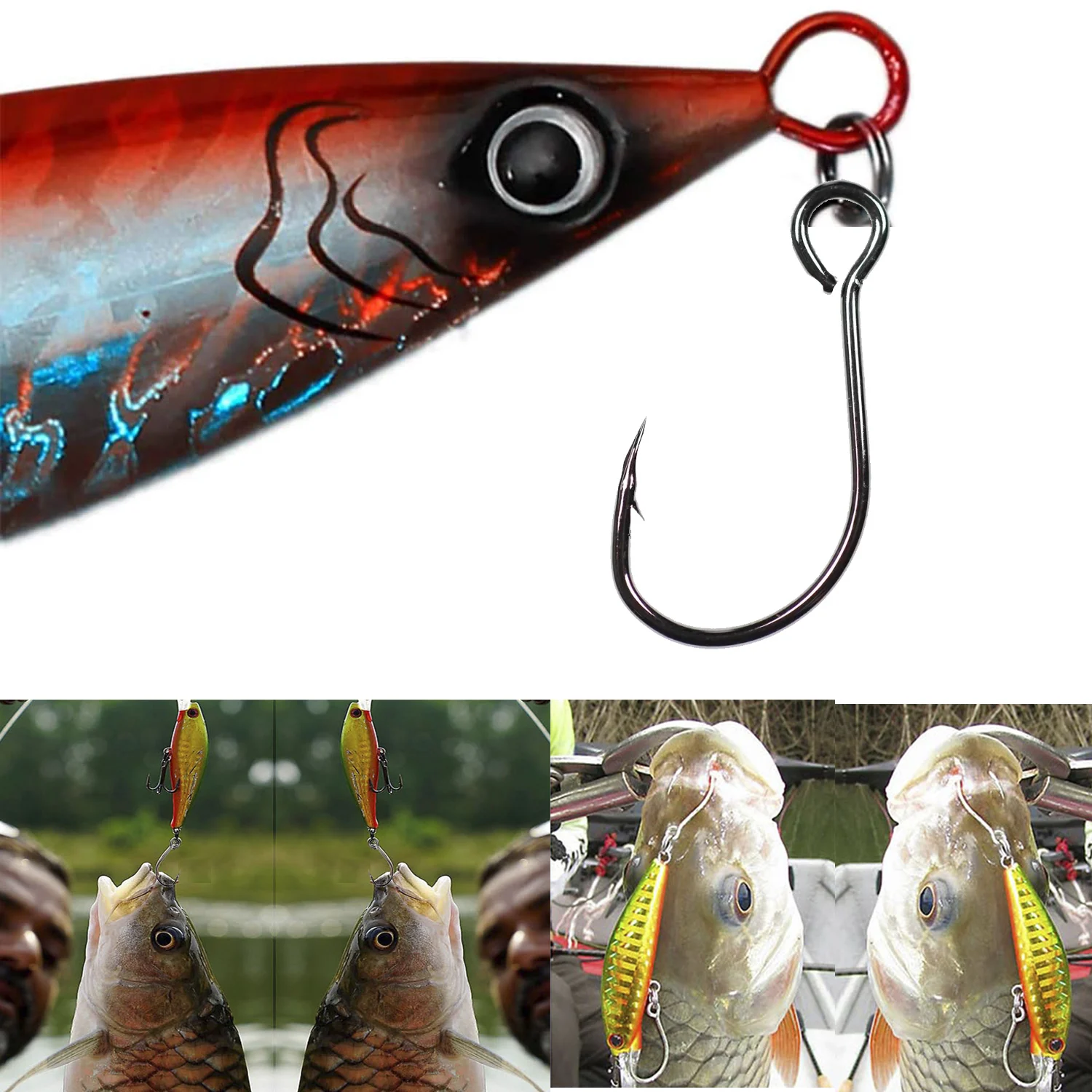 Anzuelo individual de acero al carbono para pesca, accesorio giratorio de cuchara de pesca con ojo grande, #8-#3/0, 50 unids/bolsa - imagen 4