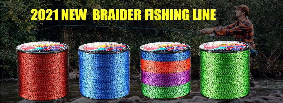 Cuatro carretes de hilo de pescar trenzado, cada uno con un patrón de color diferente. Los colores son rojo, azul, morado y verde, y cada carrete tiene una etiqueta que dice 2021 NEW BRAIDER FISHING LINE.