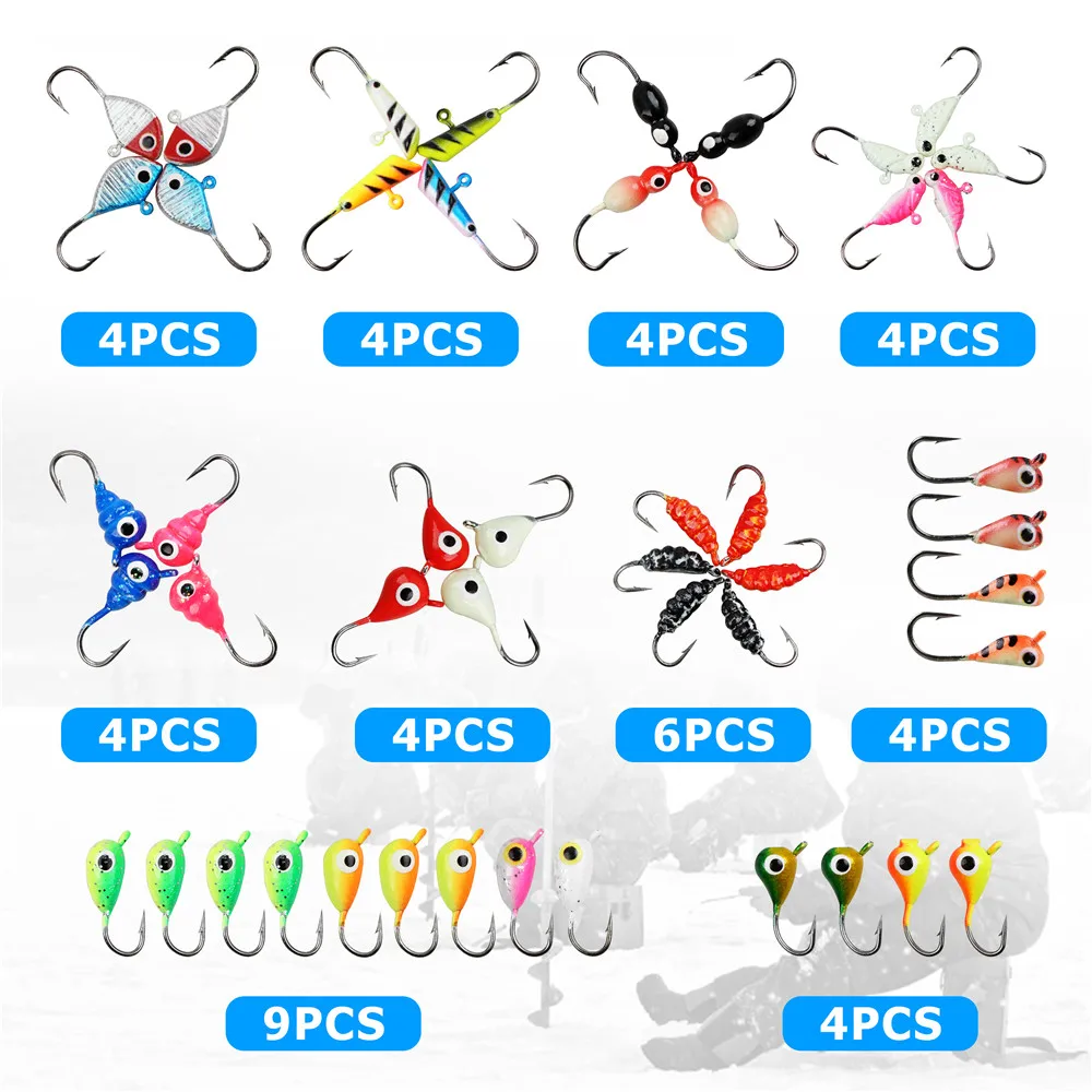 Kits de plantilla de pesca en hielo para invierno, señuelo de pesca en hielo brillante, anzuelos de cabeza para lubina Walleye jigging, 1,2g-2,6g, 24/48 piezas - imagen 3