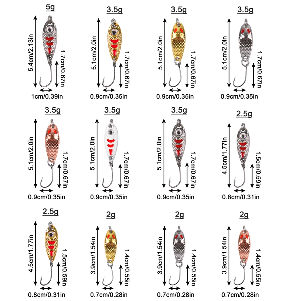 Juego de señuelos de cuchara de pesca, cebos de Metal duro con gancho único afilado para trucha, perca, señuelo de cebo Artificial Walleye, 12 uds./24 uds. - imagen 2