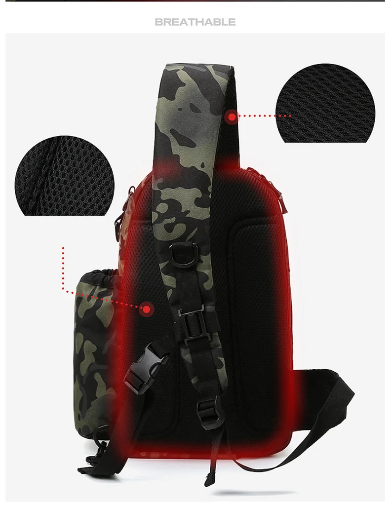 Una mochila de camuflaje con un punto rojo