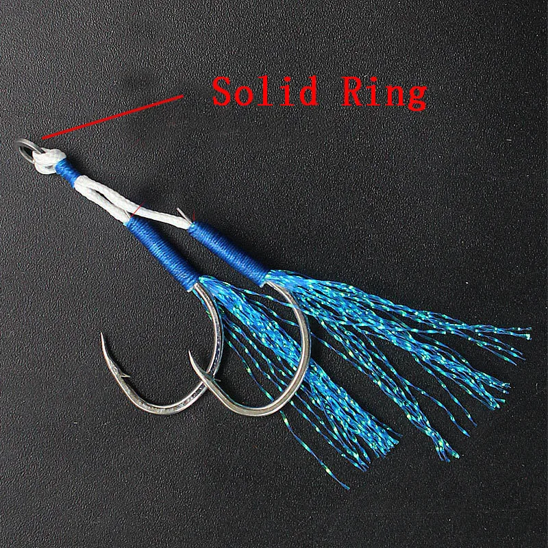 10 Uds anzuelo de asistencia anillo sólido JigLure Jigging Fishjig doble par de anzuelos de asistencia con púas Pesca Peche plantilla de Pesca de plumas azules - imagen 2