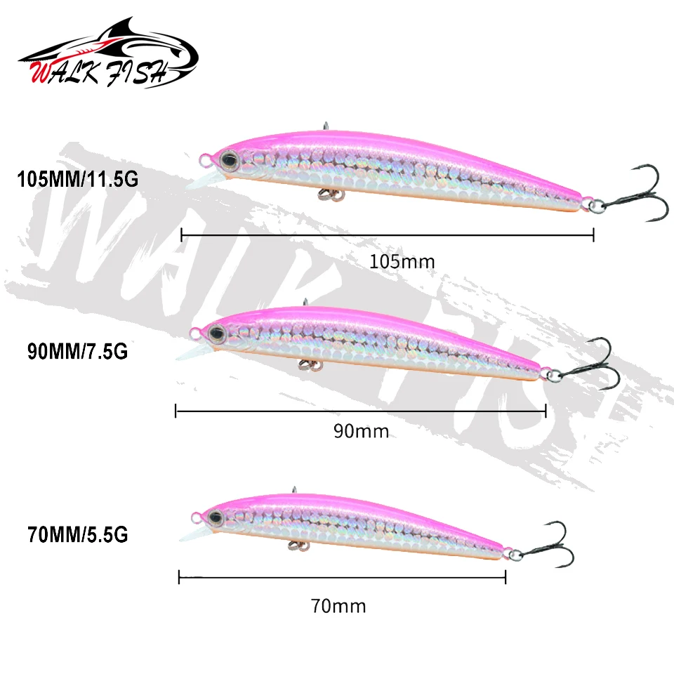WALK FISH-señuelo de pesca de pececillo que se hunde, 70mm, 90mm, 105mm, largo, fundición de lubina Artificial, cebos duros de pesca Jerkbait Wobbler, 1 unidad - imagen 3
