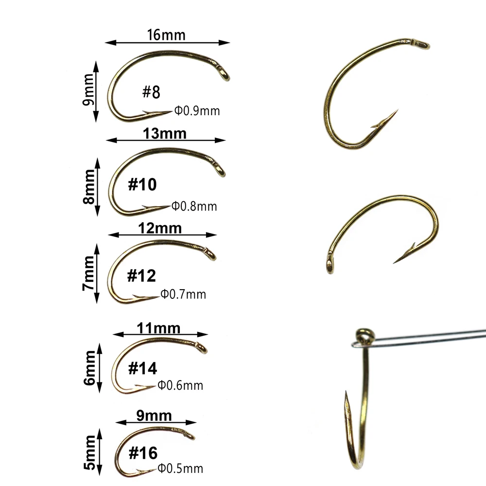 Bimoo-anzuelo de carbono con púas de Color bronce, gancho curvo para atar moscas, ninfa, 500 piezas, 1 unidad, tamaño #8 #10 #12 #14 #16 - imagen 5