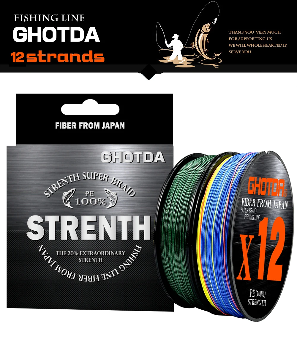 Embalaje de un producto para un hilo de pescar. Es un hilo de pescar trenzado de 12 hilos de la marca Ghotoda. En el empaque se destaca que el hilo de pescar está hecho de fibra japonesa y está etiquetado como STRENGTH SUPER BRAND.