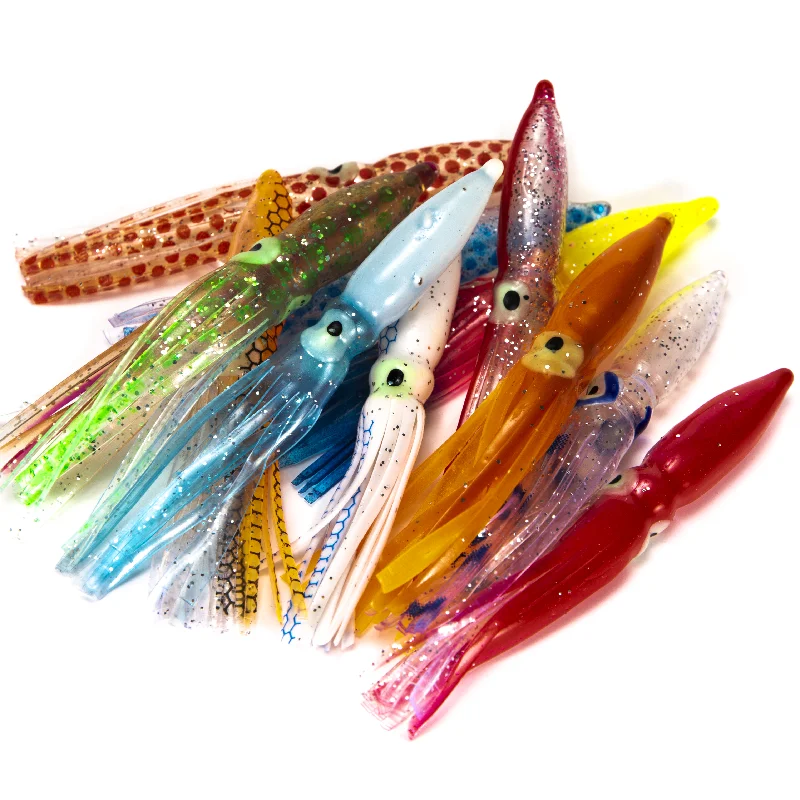 Señuelos de Pesca de faldas de calamar suave, cabeza de Jigs de PVC, sábalo de silicona Artificial, aparejos de Pesca, 8cm, 10 Uds. - imagen 3