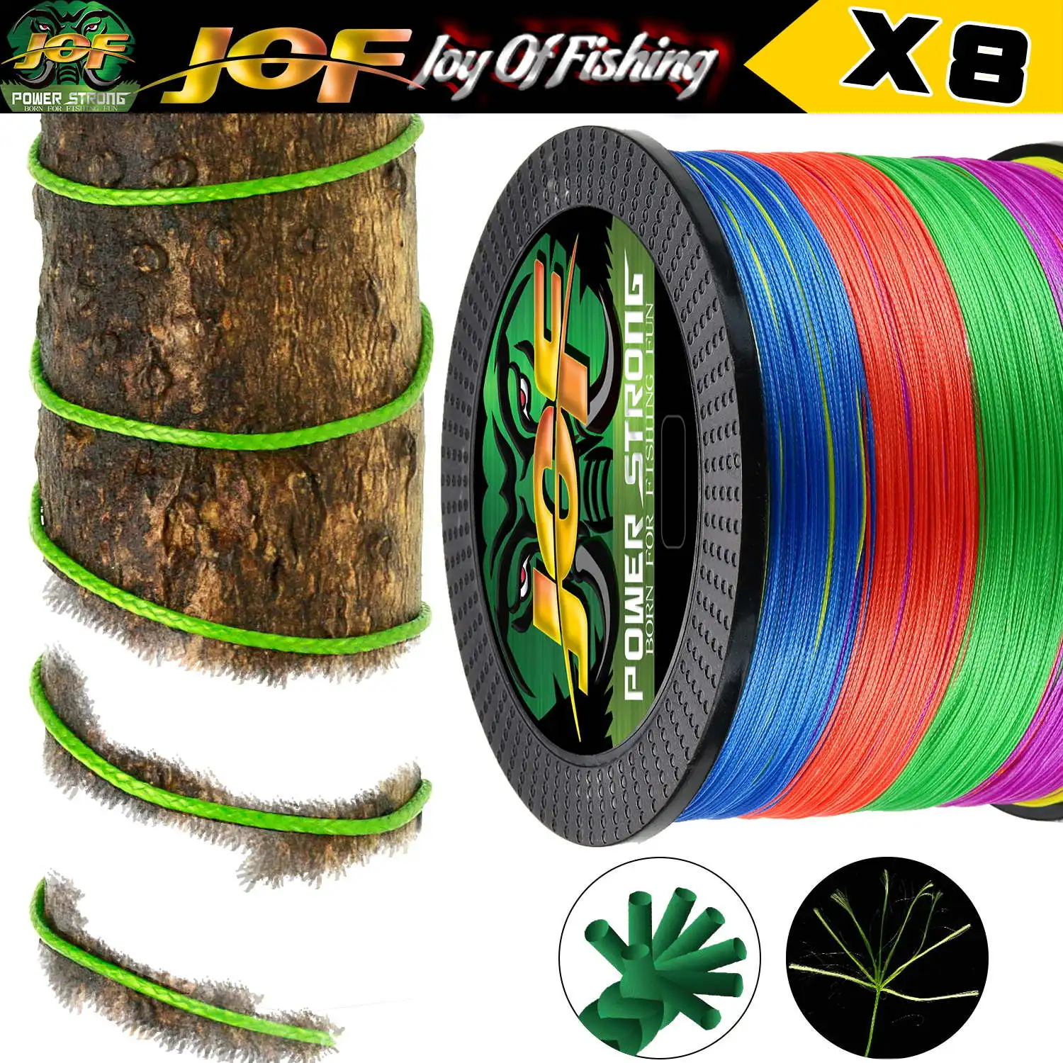 JOF-Hilo de pescar trenzado, alambre de mosca súper fuerte 100% PE multifilamento 8 hebras 300M 500M 18lb-90lb, hilo tejido para carpa - imagen 3