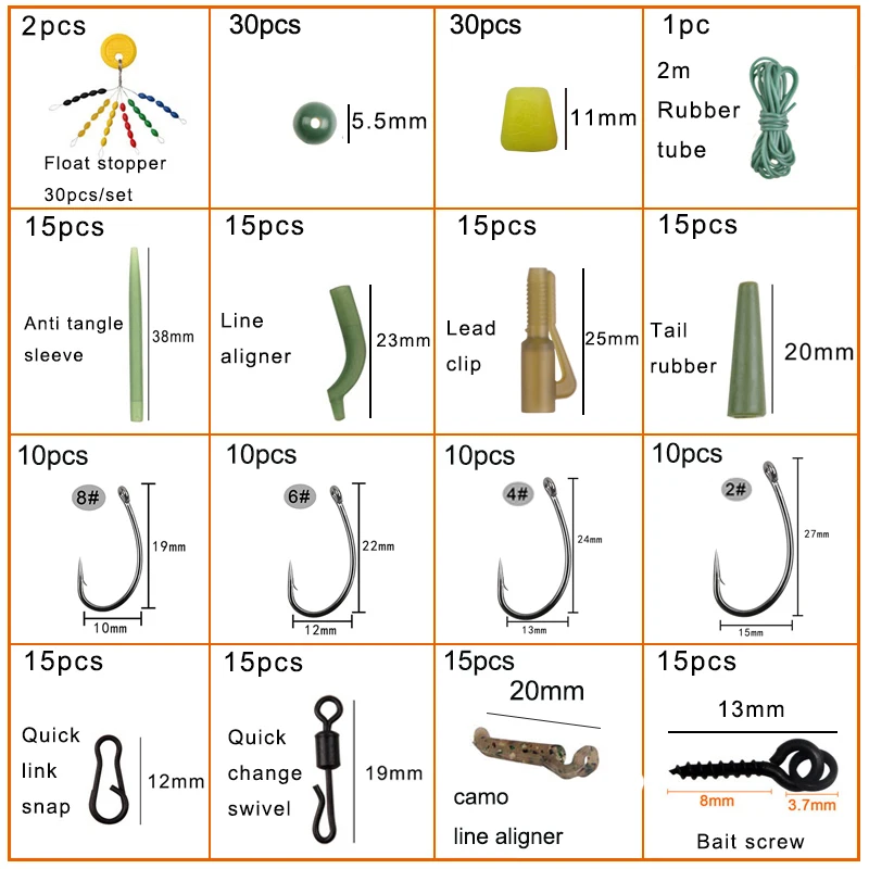 Aparejos de pesca de carpa de 232 piezas, anzuelos de línea trenzada, anzuelos de enlace rápido, accesorios de pesca de carpa con caja de doble capa - imagen 2