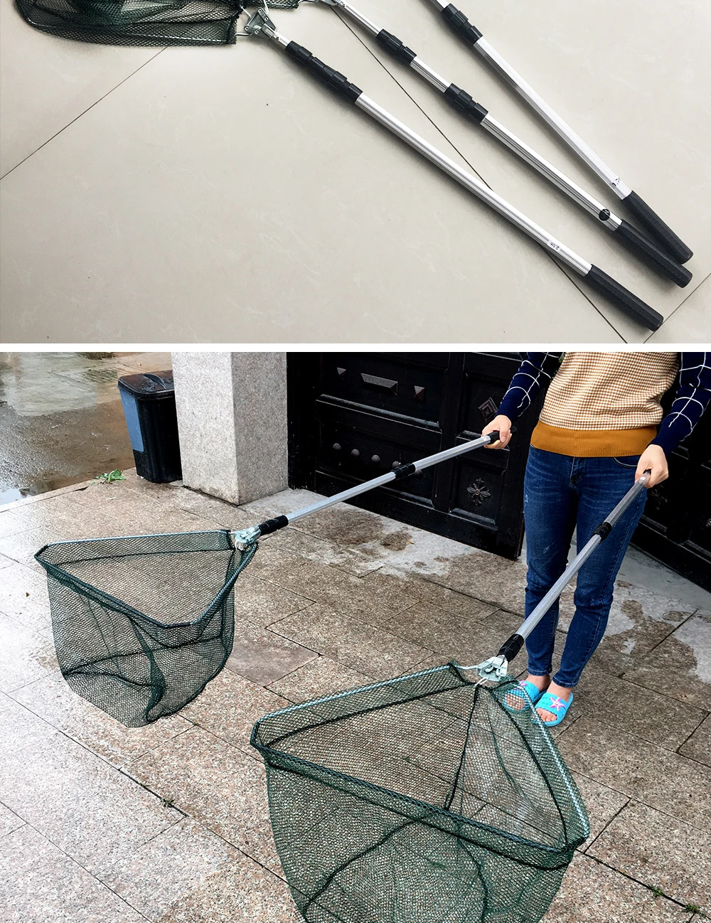 Una persona que utiliza un dispositivo que parece ser una combinación de una red de pesca y un carro con ruedas. La red está sujeta a un marco que tiene ruedas, lo que permite a la persona moverla. Este tipo de equipo se utiliza a menudo para limpiar escombros o recoger artículos de cuerpos de agua.