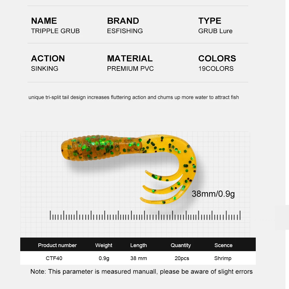ESFISHING Tripple Grub Tail 20 piezas 3,8 cm 0,9g Peche cebo suave de silicona para todos los peces Pesca señuelo de Pesca Artificial - imagen 2