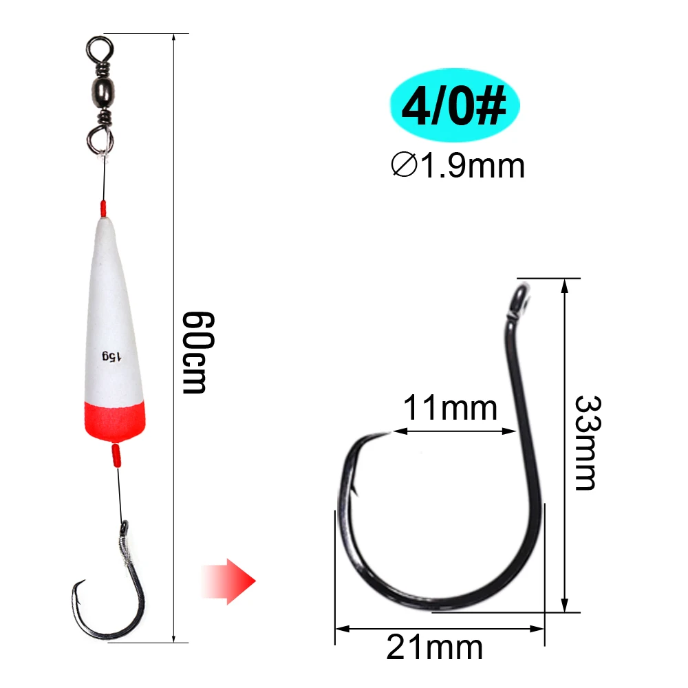 Bimoo-Juego de aparejos de pesca de pez gato, anzuelos de águila hechos a mano, de cabeza plana, canal azul, flotador antideslizante, para carpa, 3/0, 4/0, 5/0, 1 Juego - imagen 3