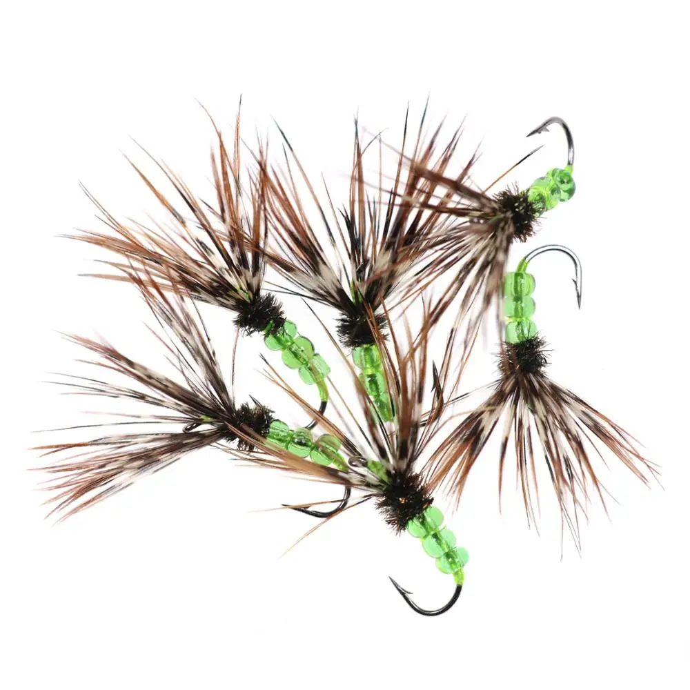 Bimoo 6PCS # 12 moscas de pesca Tenkara rojas y verdes con cuentagotas de cuentas de plástico, moscas de pesca de trucha arcoíris de Brook marrón Simple - imagen 5