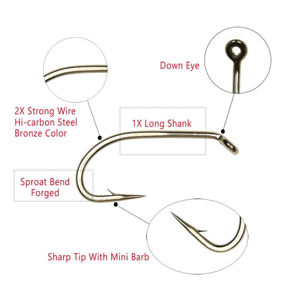Bimoo-anzuelo de mosca seca para pesca con mosca, gancho de ninfa de alambre estándar, Material de atado con acabado de níquel y bronce, tamaño #8 #10 #12 #14, 50/200 Uds. - imagen 5