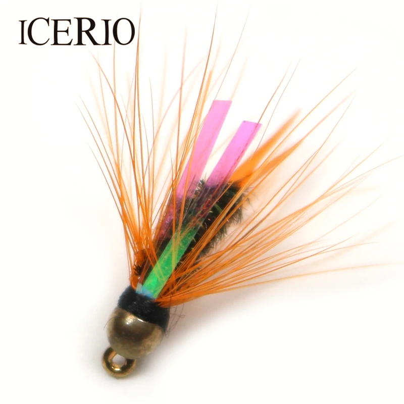 ICERIO 8PCS Cabeza de cuentas de latón Hackle Flash Prince Ninfa Trucha Señuelos de pesca con mosca # 12 - imagen 2