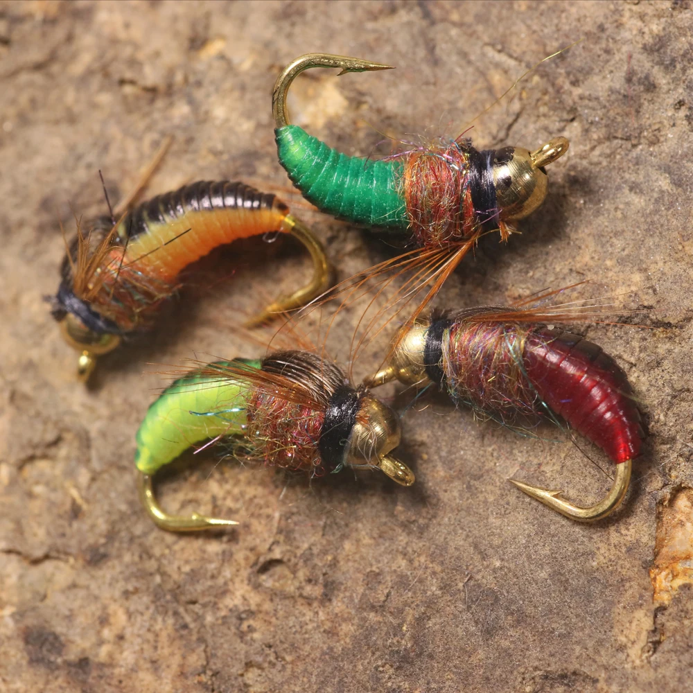 Señuelo de pesca de insectos artificiales, cabeza de cuentas de latón, hundimiento rápido, Mosca, trucha, Caddis Nymph, gran oferta, 8 piezas, #12 - imagen 5