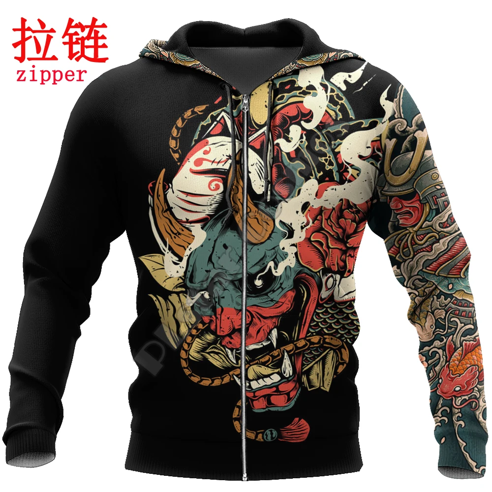 Samurai Oni Mask Tattoo 3D completamente estampado Sudadera con capucha y sudadera para hombre otoño Unisex sudaderas con cremallera ropa de calle informal KJ796 - imagen 4